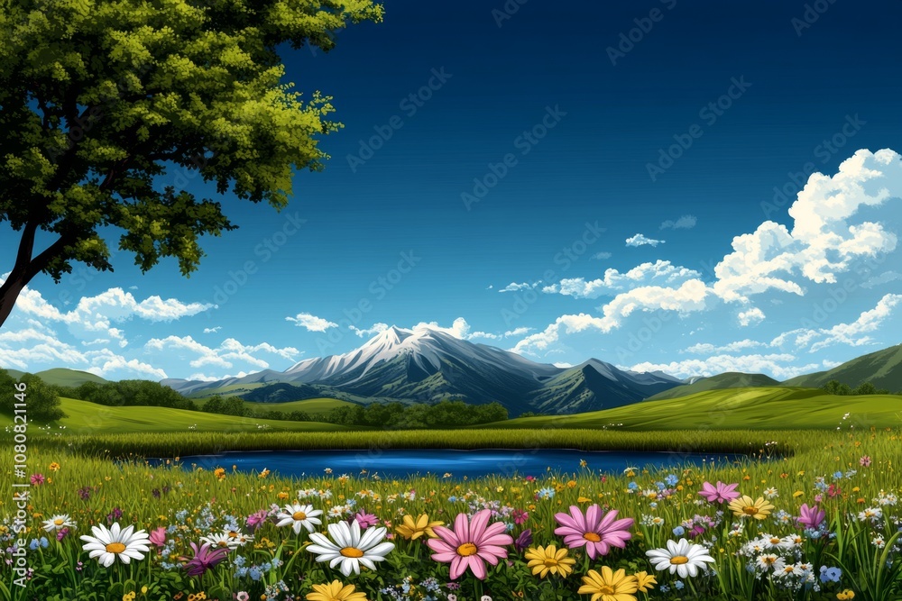 Poster pixel art of a colorful spring meadow with flowers and a small pond, bright retro colors and 8-bit s