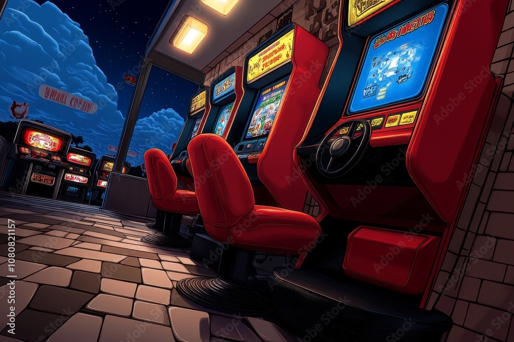 Poster pixel art of a retro arcade scene with classic games, vibrant neon colors, and 8-bit characters