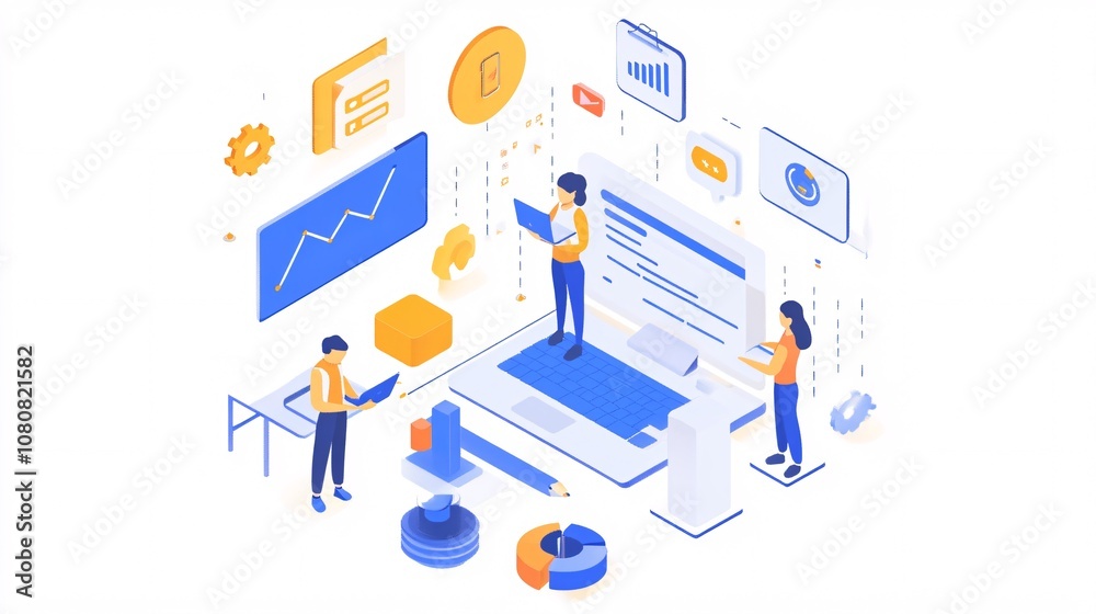 Poster Software developers working on laptops and managing data analysis, charts and statistics