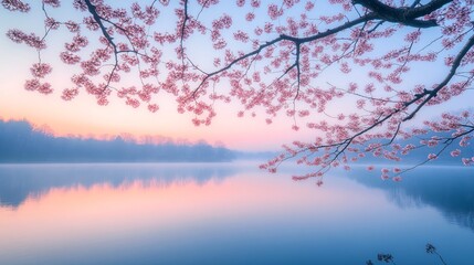 Pink Cherry Blossoms Over Tranquil Lake at Sunset
