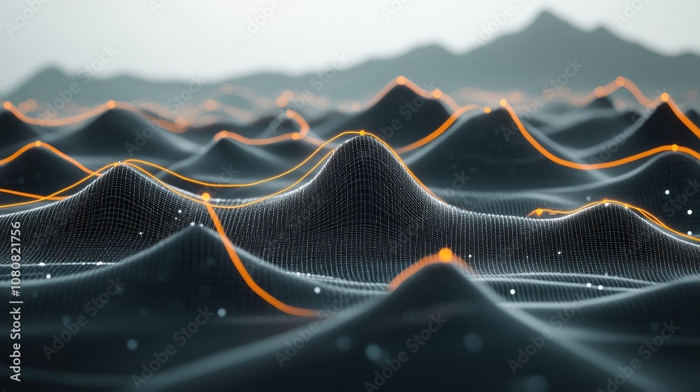 Poster abstract digital landscape with wavy patterns and glowing lines representing data flow and connectiv