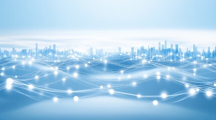 Abstract representation of digital connections flowing over water, illustrating technology, communication, and modernity against a serene blue background.