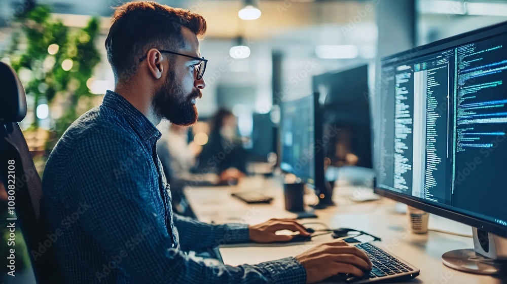 Poster Focused programmer writing code on computer in office at night