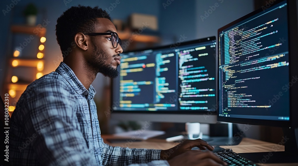 Poster Focused software developer working on code at night in office