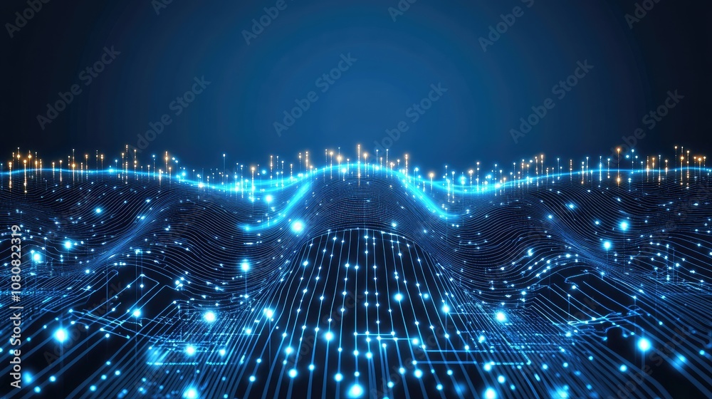 Poster abstract digital wave of glowing particles and lines representing data flow in a deep blue space, id