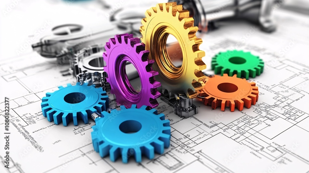 Poster colorful gears laying on engineering blueprint representing innovative engineering and design