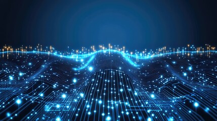 Abstract digital wave of glowing particles and lines representing data flow in a deep blue space, ideal for technology and innovation themes in stock imagery.