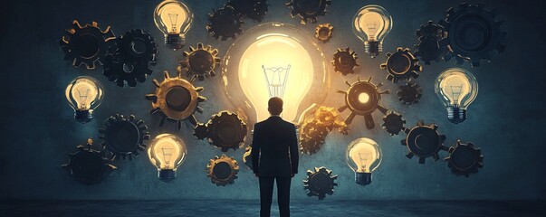 Businessman looking at big idea light bulb and gears mechanism