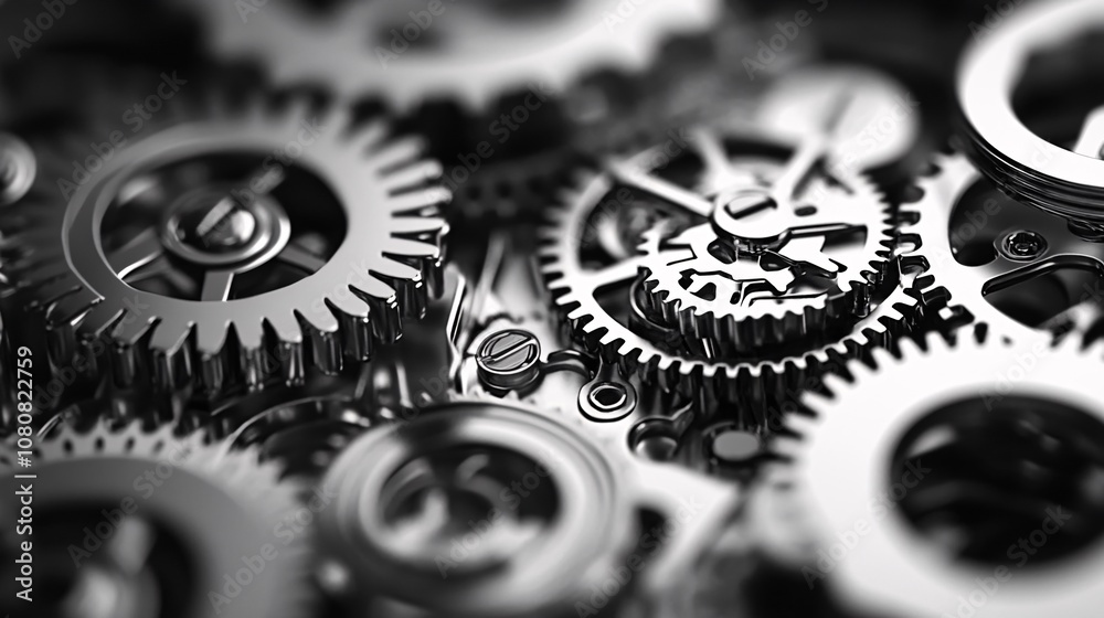 Fototapete close-up view of interlocking metal gears rotating smoothly in a complex mechanism