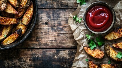 Crispy Homemade Potato Wedges Served with Freshly Made Ketchup on Rustic Wooden Background, Highlighting Delicious Comfort Food and Casual Dining Experience