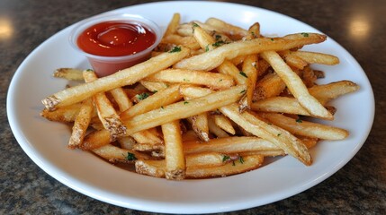 Crispy Golden French Fries with a Side of Ketchup Served on a White Plate in a Casual Dining Setting