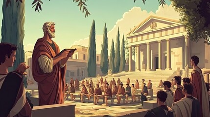 An Ancient Greek Philosopher Lecturing Students in Front of a Temple