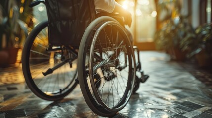 A person rolls their wheelchair down a sunlit hallway, surrounded by lush greenery, capturing the essence of independence and peaceful reflection