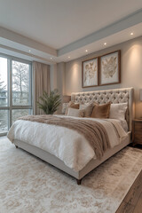 chambres à coucher, lit douillet, intérieur 3D réaliste, décoration, tendance, architecte, design, mode, chaleureux, confortable, naturel, cocooning, zen, douceur, blanc, beige, lin, épuré, fourrure