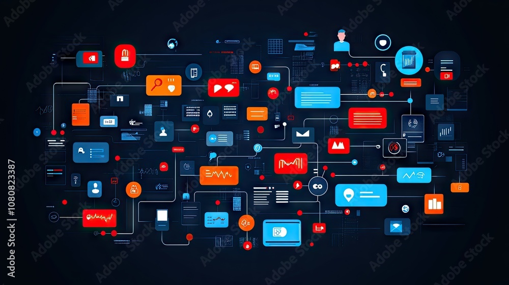 Poster abstract digital interface with colorful icons and symbols representing modern communication and dat