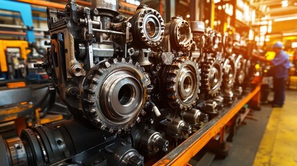 Fototapeta premium Engines Under Assembly in Industrial Setting