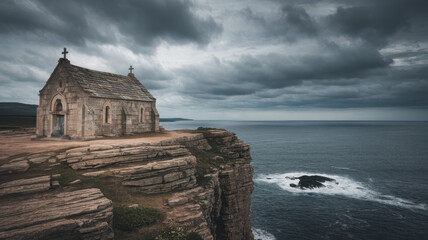 A historic stone chapel perched dramatically on a cliff, overlooking an expansive ocean under a moody, cloudy sky.