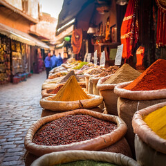 Spices for sale at a traditional souk in an old town.