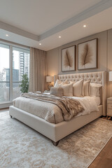 chambres à coucher, lit douillet, intérieur 3D réaliste, décoration, tendance, architecte, design, mode, chaleureux, confortable, naturel, cocooning, zen, douceur, blanc, beige, lin, épuré, fourrure