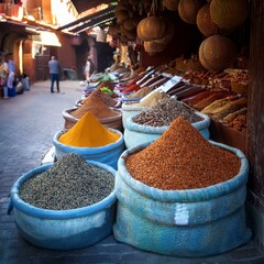 Spices for sale at a traditional souk in an old town.