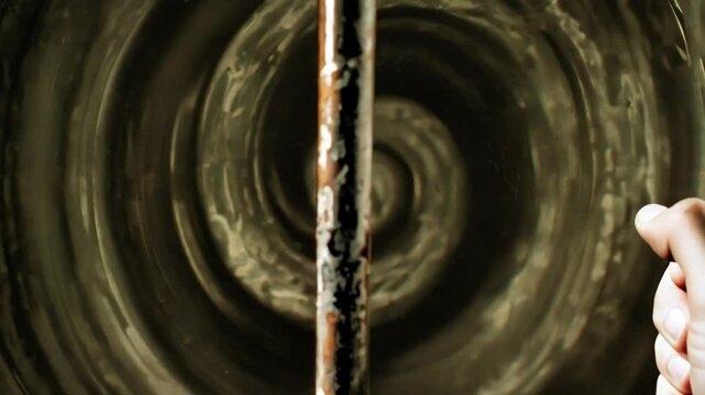 Hand grasps rusted metal bar against hypnotic brown spiral background, creating disorienting sense of psychological confinement. Feelings of disorientation and entrapment in surreal setting.
