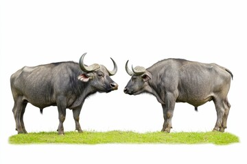 Obraz premium Two water buffalo facing each other.