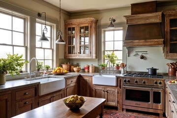 Charming Vintage Kitchen Decor with Rustic Cabinets and Sunlit Windows
