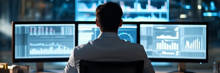 A business professional is deeply focused on analyzing extensive data across multiple monitors, utilizing various analytics tools and visualizations to enhance their decisionmaking process