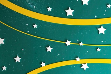 Naklejka premium Teal Cosmic Background with White Stars and Curved Lines on Bright Yellow Canvas