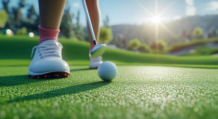 man playing golf, putting a ball into a hole on a green grass field