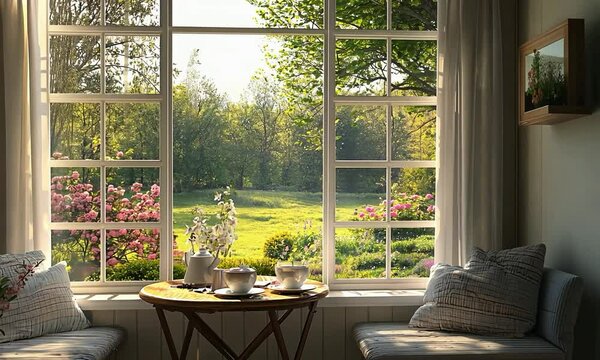 Charming breakfast nook with a window view of a picturesque garden and cozy seating