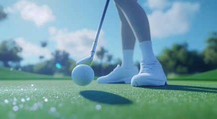 man playing golf, putting a ball into a hole on a green grass field
