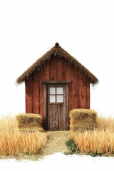 Small wooden cabin with hay bales and grass.