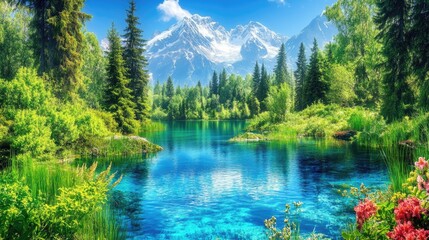 Breathtaking Mountain Landscape with Crystal Clear Lake Surrounded by Lush Greenery and Vibrant Flowers Under a Clear Blue Sky and Majestic Peaks