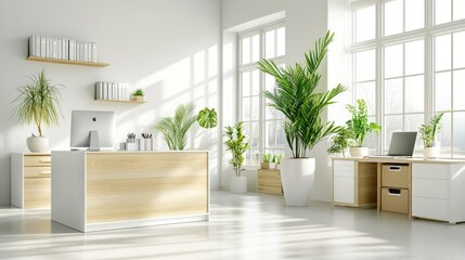 Modern and Bright Office Interior Design with Minimalist Furniture, Green Plants, Large Windows, and Natural Light in a Contemporary Space