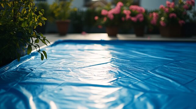 Blue pool cover protecting water in summer on rooftop terrace