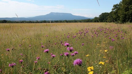 Obraz premium Vibrant Wildflower Meadow in Landscape with Majestic Mountain Backdrop Under Clear Blue Sky Showcasing Nature's Beauty in Spring or Summer Season