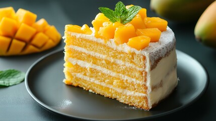 Delicious mango layer cake slice with fresh mango pieces and mint garnish on a dark plate, perfect for dessert lovers and social media sharing