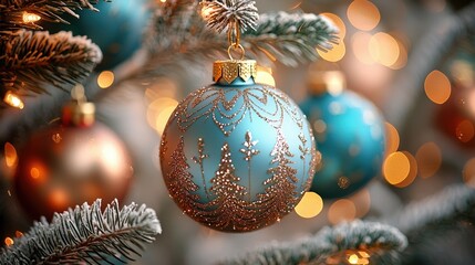 Elegant blue christmas ornament with golden tree patterns on snowy branches