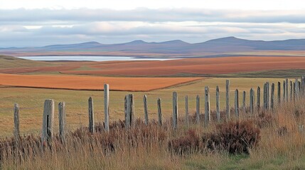Obraz premium Serene Landscape with Rustic Fence Posts, Expansive Fields, and Distant Mountains Under Soft Cloudy Sky in Beautiful Natural Setting