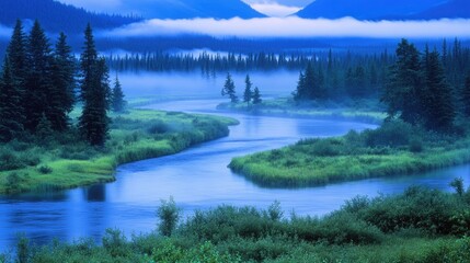 Serene River Meandering Through Lush Green Forest with Misty Mountains in the Distance Under a Calm Blue Sky at Dawn