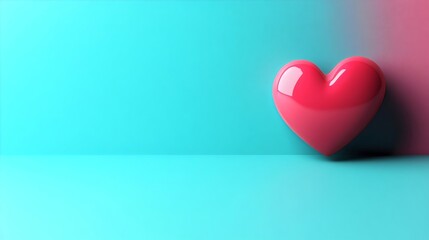Glossy red heart on blue background with copy space