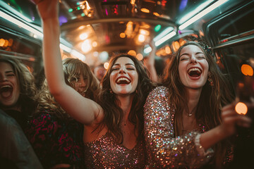 Hen party celebration with disco lights in bus interior, mood lighting.