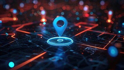 Futuristic Network Visualization of Digital City Map with Glowing Location Marker