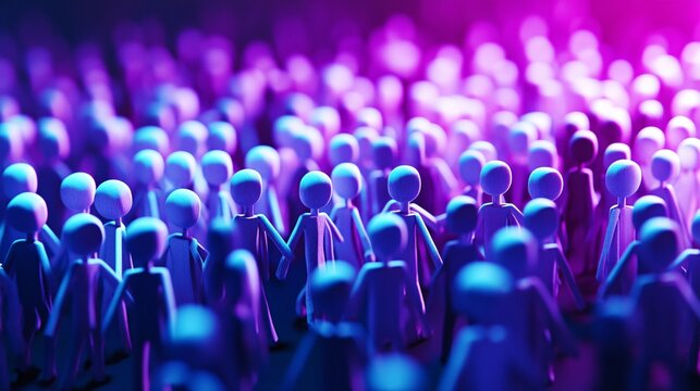 Crowd of people standing together in neon light: community and unity
