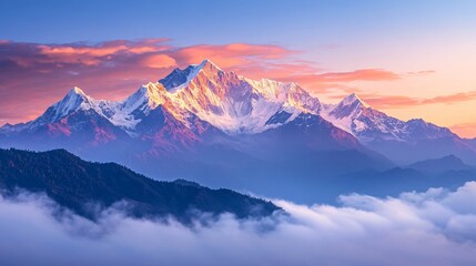 A stunning mountain range at sunrise, with snow-capped peaks and a misty atmosphere