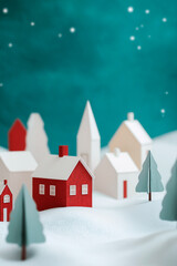 Naklejka premium 3d wooden christmas town, toy trees and houses