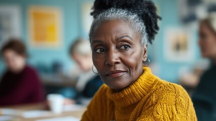 Thoughtful African American Senior Woman in Cozy Sweater at Community Gathering. Generative ai