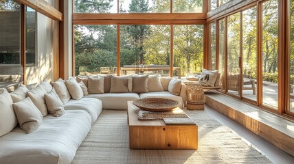 Fototapeta premium A cozy, sunlit living area featuring a spacious sectional couch, wooden coffee table, and large windows that invite nature indoors.