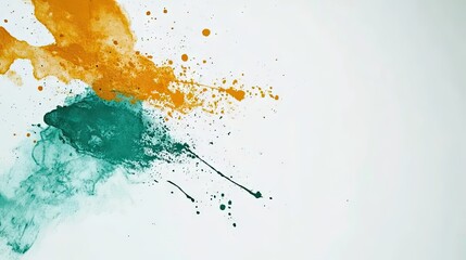 Vibrant Splashes of Orange and Teal Paint on White Background, Ideal for Artistic Projects, Graphic Designs, and Creative Applications